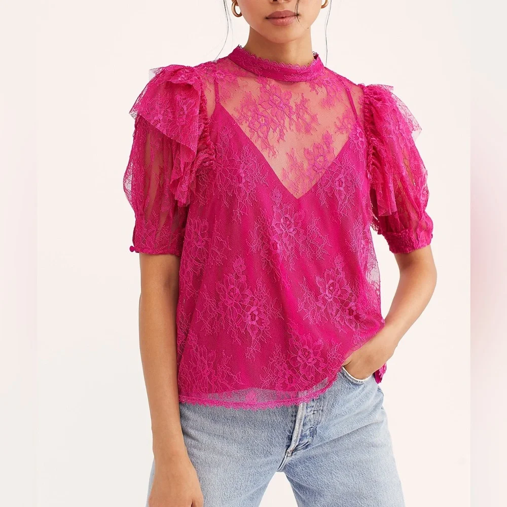 Free People Secret Admirer hot pink lace two piece top - Picture 1 of 7